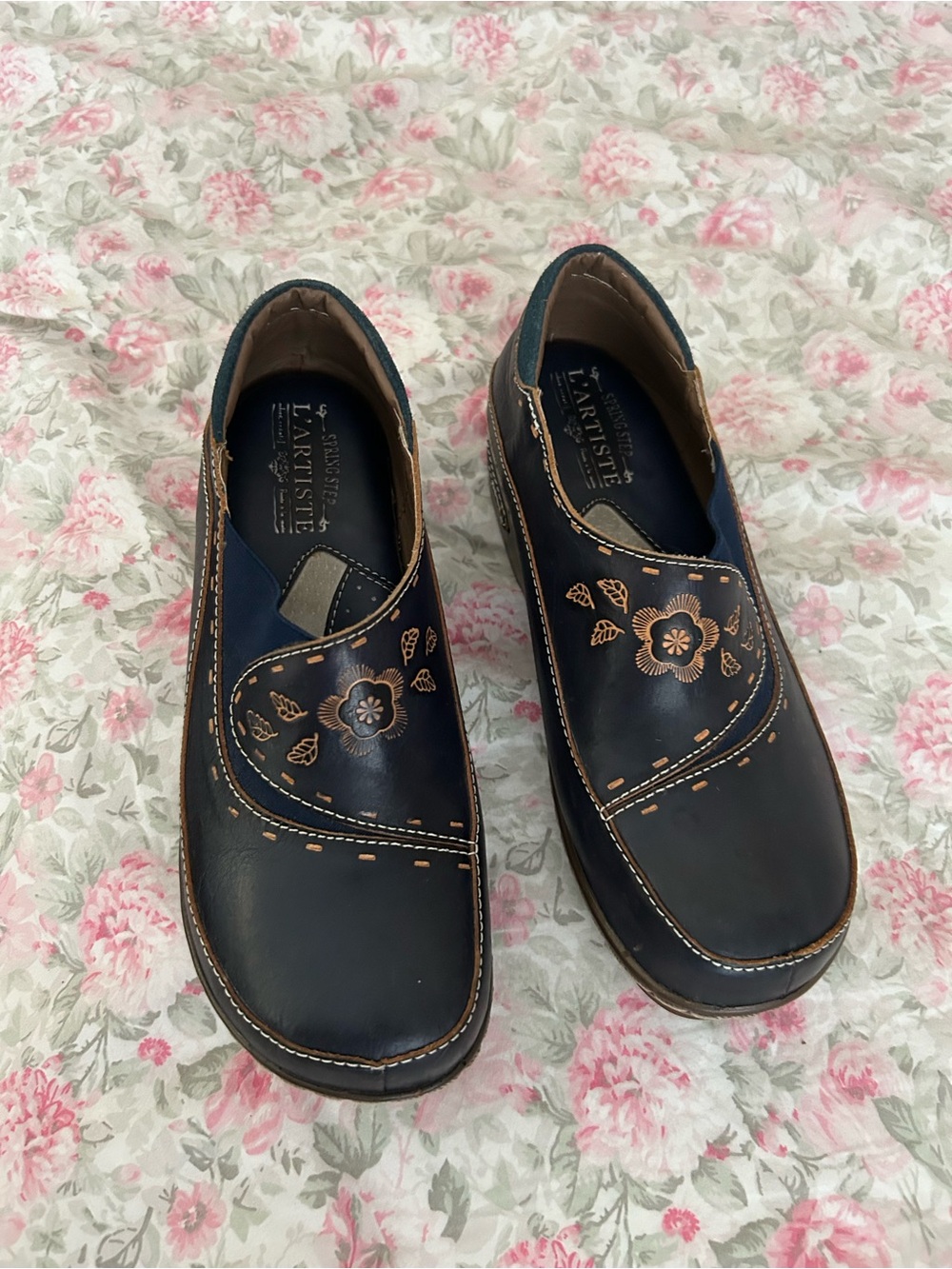 Spring Step Navy Leather Floral-Stitched Wedge Slip-Ons